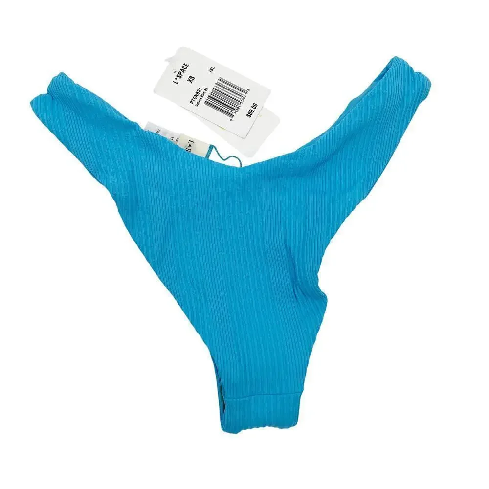 L*Space Cabana Bitsy Bikini Bottom Bright Blue Ribbed High Cut Cheeky NEW XS